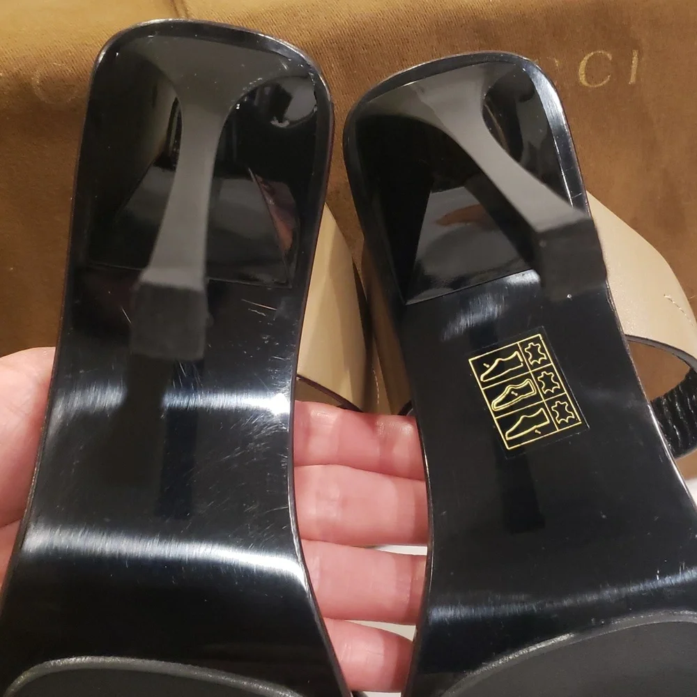 Gucci Leather Sandals Double Strap. 4" Heel Size 7 Tan Color - Picture 7 of 10